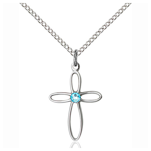 Sterling Silver 3/4in Loop Cross Pendant with Aqua Bead & 18in Chain
