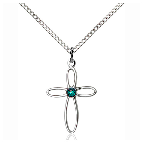 Sterling Silver 3/4in Loop Cross Pendant Emerald Bead & 18in Chain