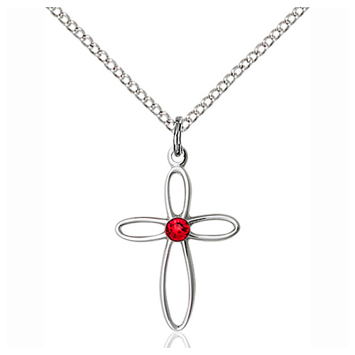 Sterling Silver 3/4in Loop Cross Pendant with Ruby Bead & 18in Chain