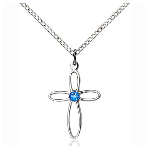 Sterling Silver 3/4in Loop Cross Pendant Sapphire Bead & 18in Chain