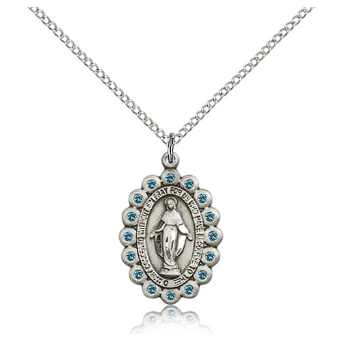 Sterling Silver 7/8in Miraculous Medal Aquamarine Crystals 18in Chain