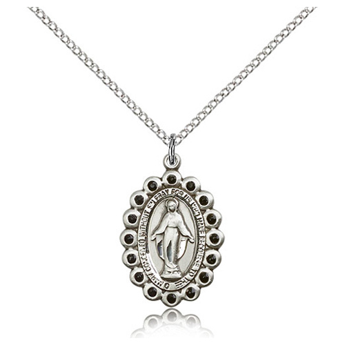 Sterling Silver 7/8in Miraculous Medal Black Crystals & 18in Chain