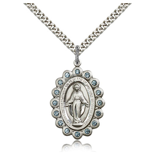 Sterling Silver Miraculous Medal Aquamarine Crystals & 24in Chain