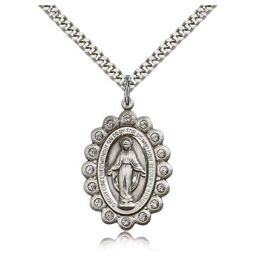 Sterling Silver 1 1/8in Miraculous Medal Swarovski Crystals & Chain