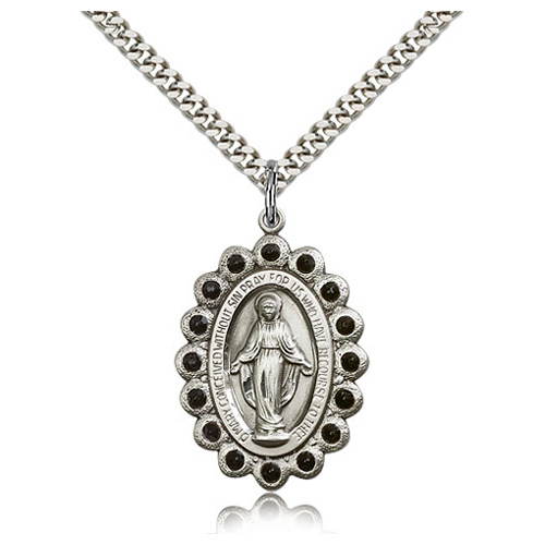Sterling Silver 1 1/8in Miraculous Medal Jet Swarovski Crystal & Chain