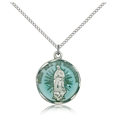 Sterling Silver 7/8in Blue Our Lady of Guadalupe Medal & 18in Chain