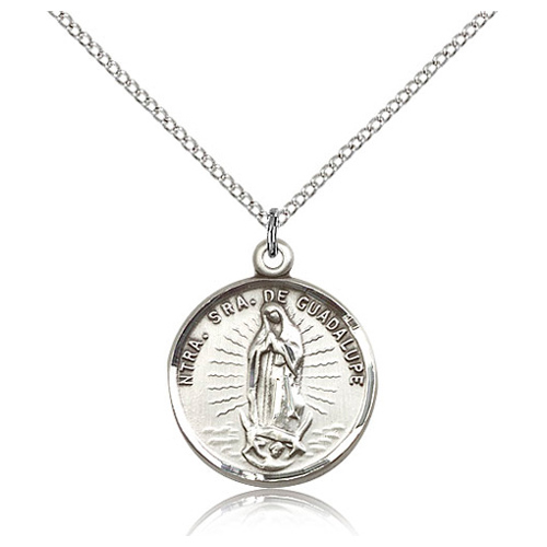 Sterling Silver 3/4in Round Our Lady of Guadalupe Medal & 18in Chain