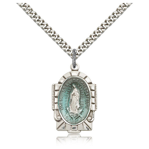 Sterling Silver 1in Blue Our Lady of Guadalupe Medal & 24in Chain