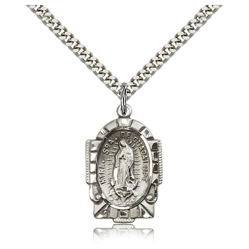 Sterling Silver 1in Fancy Our Lady of Guadalupe Medal & 24in Chain