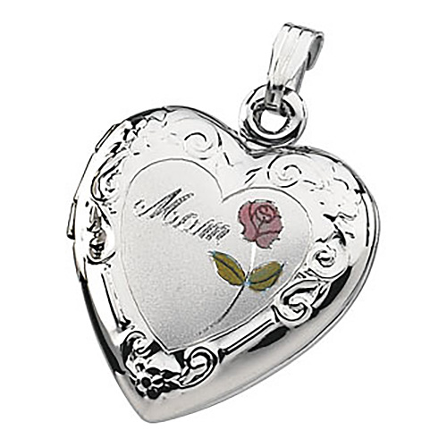 Sterling Silver 3/4in Mom Heart Locket with Rose