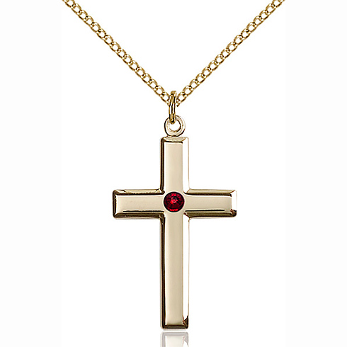 Gold Filled 1 1/8in Latin Cross Pendant with Garnet Bead & 18in Chain
