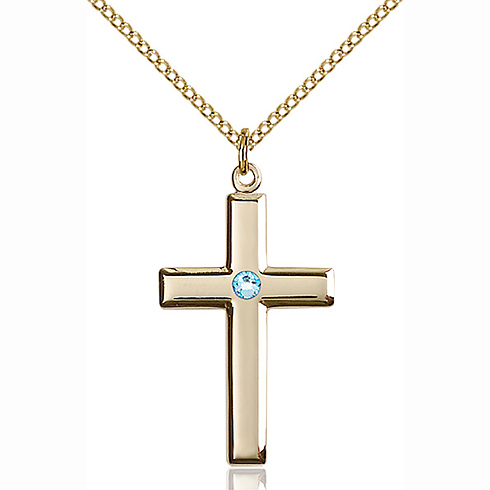 Gold Filled 1 1/8in Latin Cross 3mm Aquamarine Bead & 18in Chain