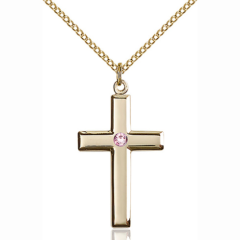 Gold Filled 1 1/8in Latin Cross Light Amethyst Bead & 18in Chain