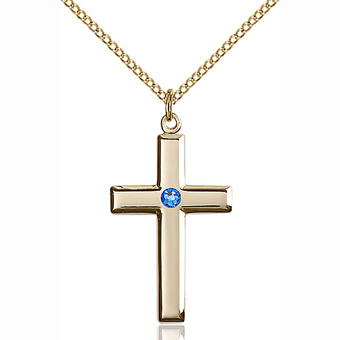 Gold Filled 1 1/8in Cross Pendant with 3mm Sapphire Bead & 18in Chain