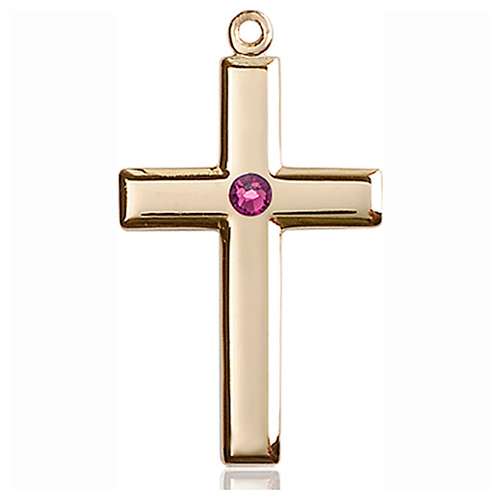 14kt Yellow Gold 1 1/8in Cross Pendant with 3mm Amethyst Bead