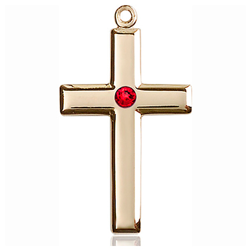 14kt Yellow Gold 1 1/8in Cross Pendant with 3mm Ruby Bead