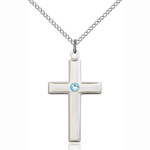 Sterling Silver 1 1/8in Latin Cross with 3mm Aqua Bead & 18in Chain