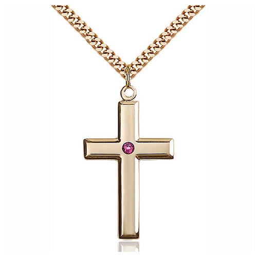 Gold Filled 1 3/8in Cross Pendant with 3mm Amethyst Bead & 24in Chain