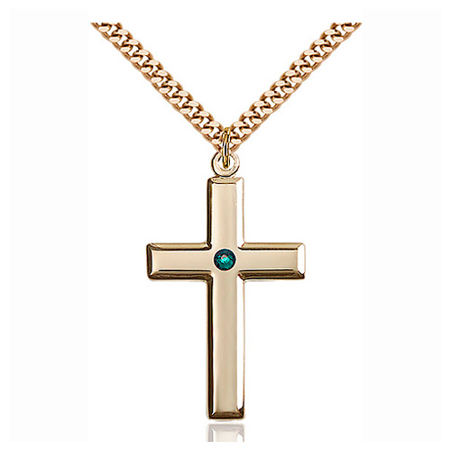 Gold Filled 1 3/8in Cross Pendant with 3mm Emerald Bead & 24in Chain