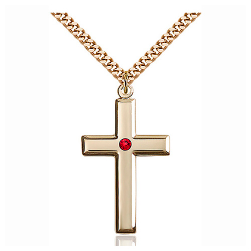 Gold Filled 1 3/8in Cross Pendant with 3mm Ruby Bead & 24in Chain ...