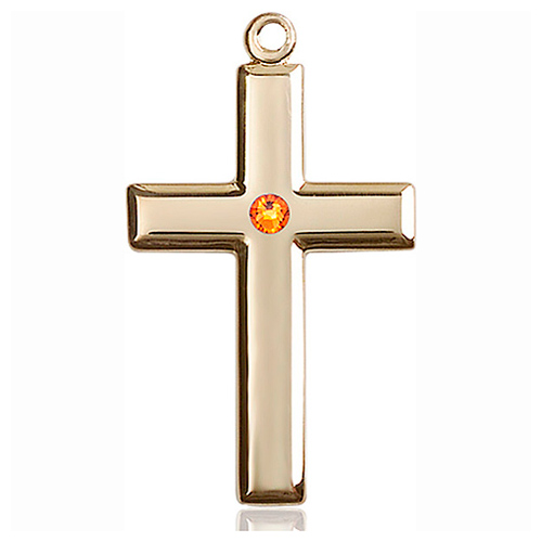 14kt Yellow Gold 1 3/8in Cross Pendant with 3mm Topaz Bead