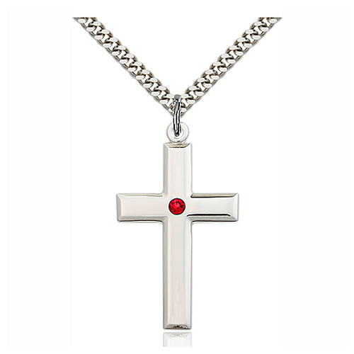 Sterling Silver 1 3/8in Cross Pendant with 3mm Ruby Bead & 24in Chain