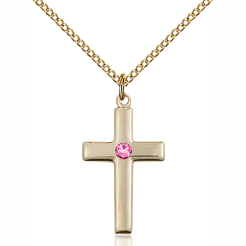 Gold Filled 7/8in Cross Pendant with 3mm Rose Bead & 18in Chain