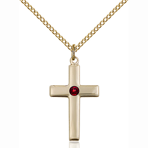 Gold Filled 7/8in Cross Pendant with 3mm Garnet Bead & 18in Chain