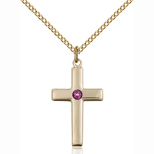 Gold Filled 7/8in Cross Pendant with 3mm Amethyst Bead & 18in Chain
