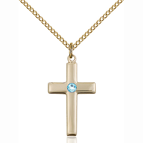 Gold Filled 7/8in Cross Pendant with 3mm Aqua Bead & 18in Chain