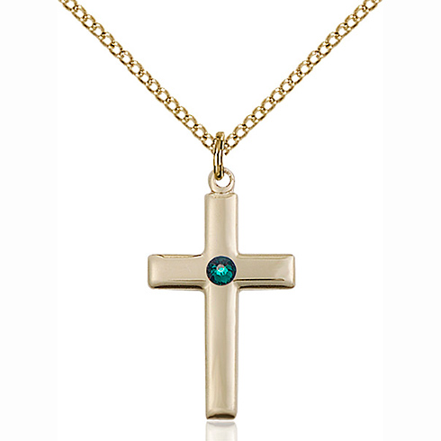 Gold Filled 7/8in Cross Pendant with 3mm Emerald Bead & 18in Chain