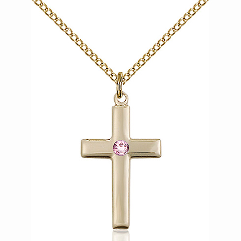 Gold Filled 7/8in Cross Pendant with Light Amethyst Bead & 18in Chain