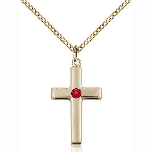 Gold Filled 7/8in Cross Pendant with 3mm Ruby Bead & 18in Chain