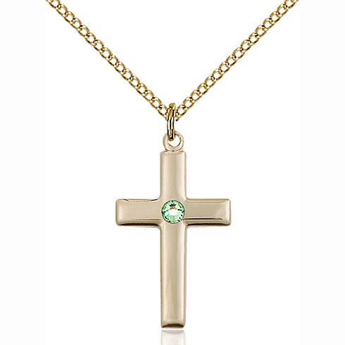 Gold Filled 7/8in Cross Pendant with 3mm Peridot Bead & 18in Chain