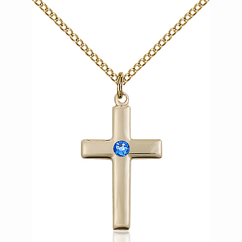 Gold Filled 7/8in Latin Cross with 3mm Sapphire Bead & 18in Chain