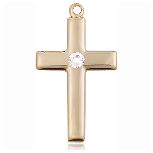 14kt Yellow Gold 7/8in Latin Cross Pendant with 3mm Crystal Bead