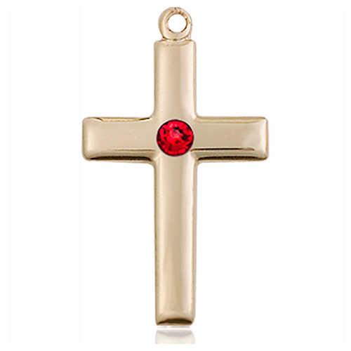 14kt Yellow Gold 7/8in Latin Cross Pendant with 3mm Ruby Bead