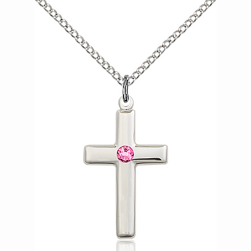 Sterling Silver 7/8in Cross Pendant with 3mm Rose Bead & 18in Chain