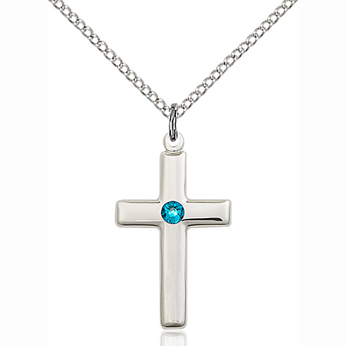 Sterling Silver 7/8in Cross Pendant with 3mm Zircon Bead & 18in Chain