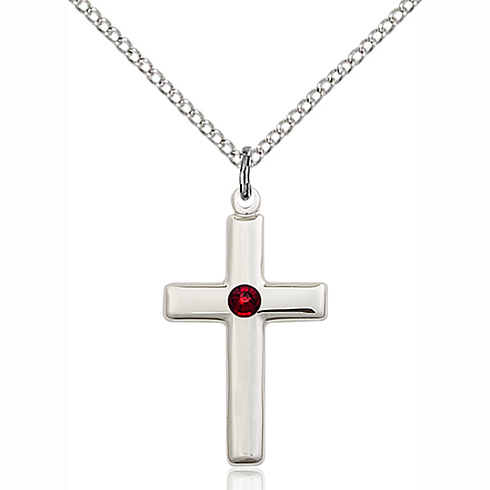 Sterling Silver 7/8in Cross Pendant with 3mm Garnet Bead & 18in Chain