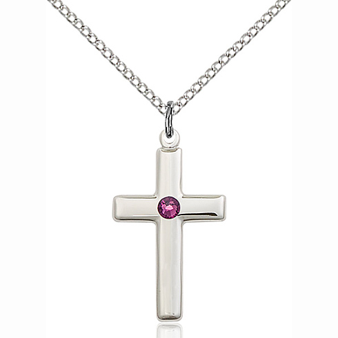 Sterling Silver 7/8in Cross Pendant with Amethyst Bead & 18in Chain