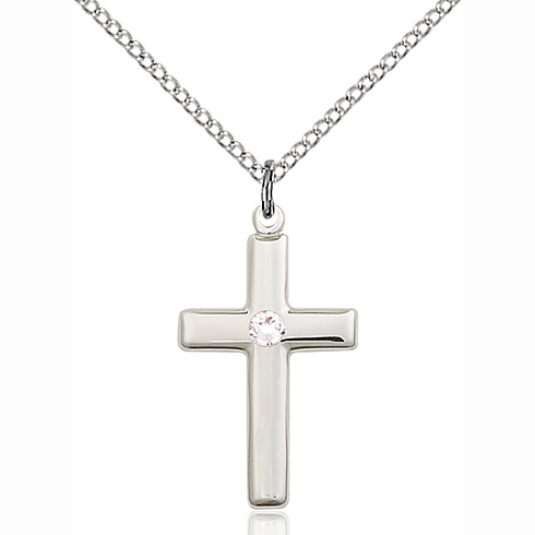 Sterling Silver 7/8in Cross Pendant with 3mm Crystal Bead & 18in Chain