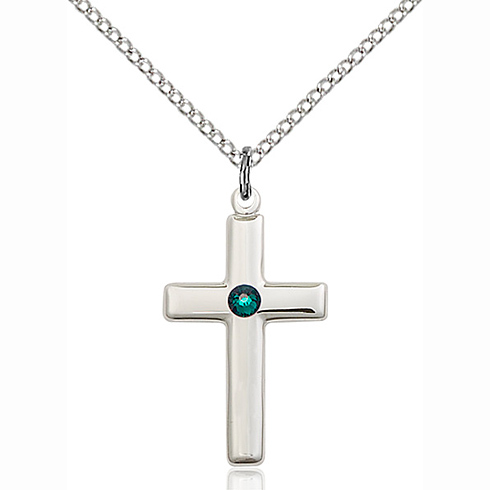 Sterling Silver 7/8in Cross Pendant with 3mm Emerald Bead & 18in Chain