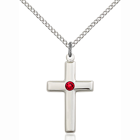 Sterling Silver 7/8in Cross Pendant with 3mm Ruby Bead & 18in Chain