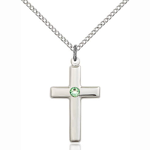 Sterling Silver 7/8in Cross Pendant with 3mm Peridot Bead & 18in Chain