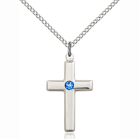 Sterling Silver 7/8in Cross Pendant with Sapphire Bead & 18in Chain