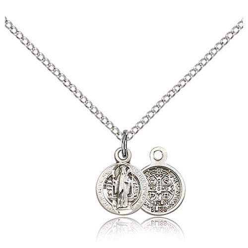 Sterling Silver 1/2in Round St Benedict Charm & 18in Chain