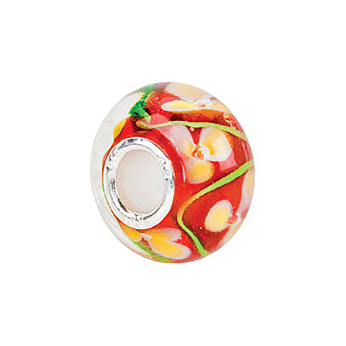 Kera Sterling Silver Red With Yellow Flower Glass Bead