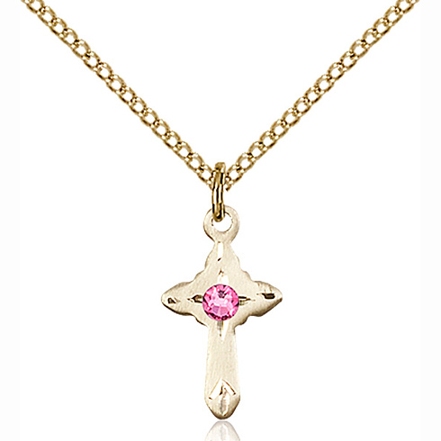 Gold Filled 5/8in Cross Pendant with 3mm Rose Bead & 18in Chain