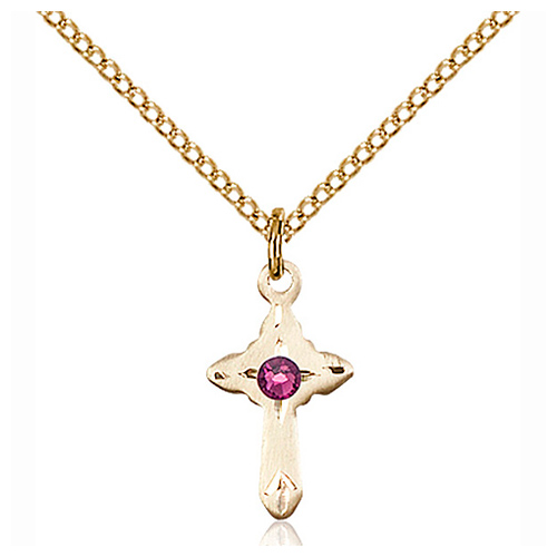 Gold Filled 5/8in Cross Pendant with 3mm Amethyst Bead & 18in Chain